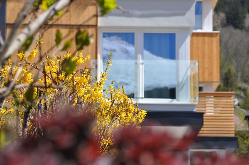 Bunte Blumen blühen vor dem Balkon (Impuls Hotel Tirol)