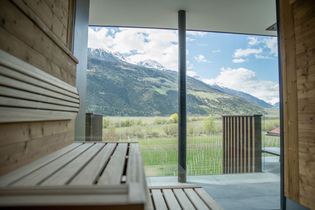 Panoramafenster in der Sauna im Sommer (c) Rebecca Kayser (Wanderhotel Vinschgerhof)