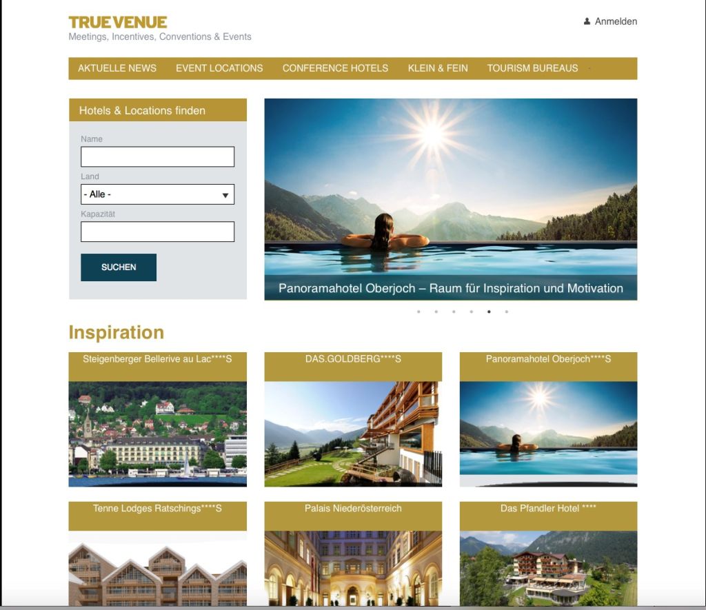 Screenshot von True Venue Webseite von Schenkenfelder Kommunikation im Tourismus