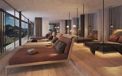 Neuwertiger Relaxroom mit Blick auf das Bergpanorama (Alpin Panorama Hotel Hubertus)