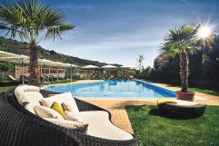 Outdoorpool mit Palmen und Strandliegen im Steigenberger (winzerhotels)