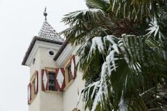 Verschneite Palmen vor dem Hotel (Castel Rundegg)