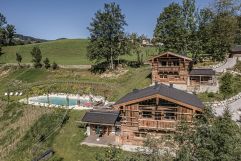 Vogelperspektive auf das Premium Almchalet mit traumhaften Schwimmteich (Bergdorf Prechtlgut)